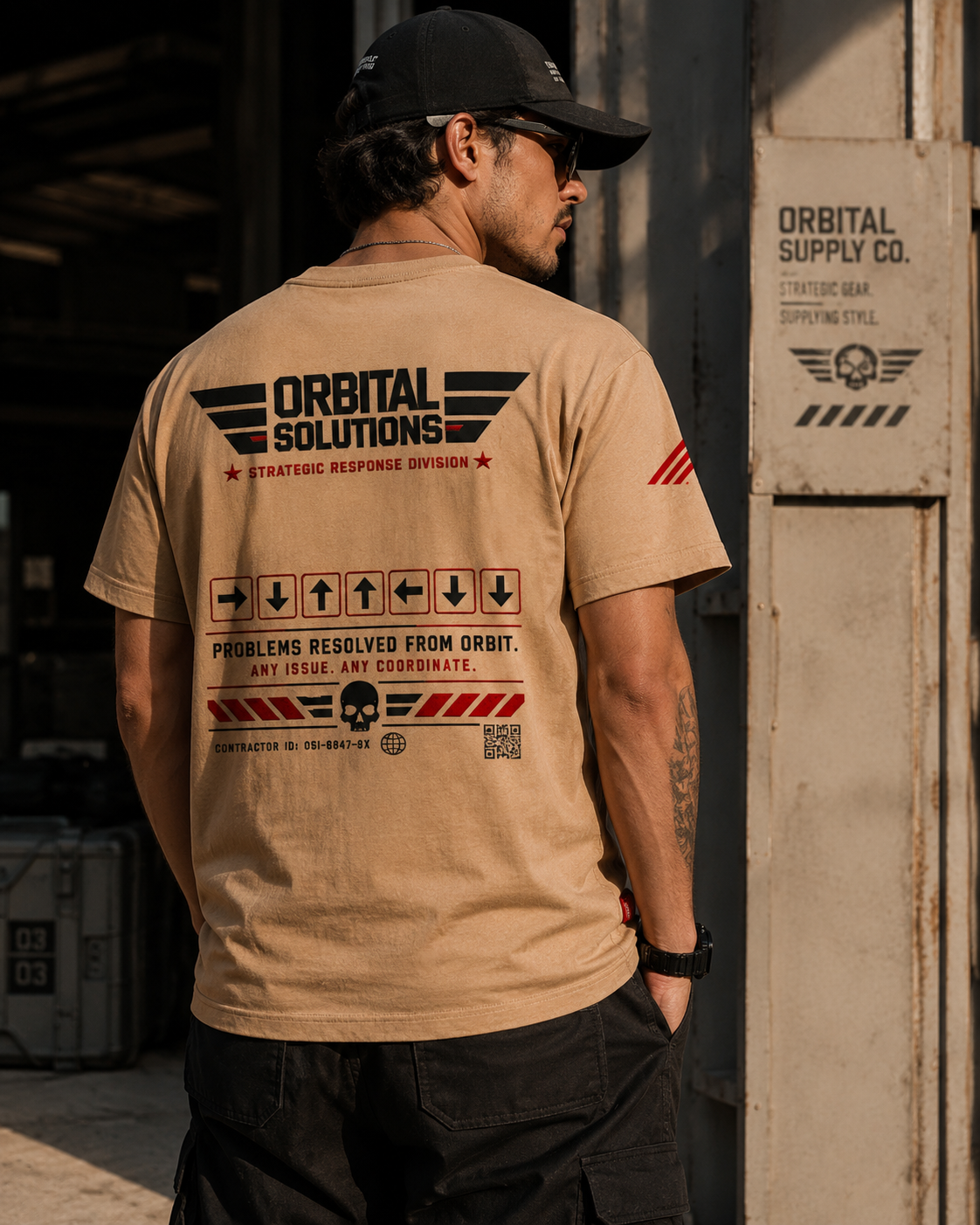 Tactical Streetwear Graphic Tee - Desert Beige