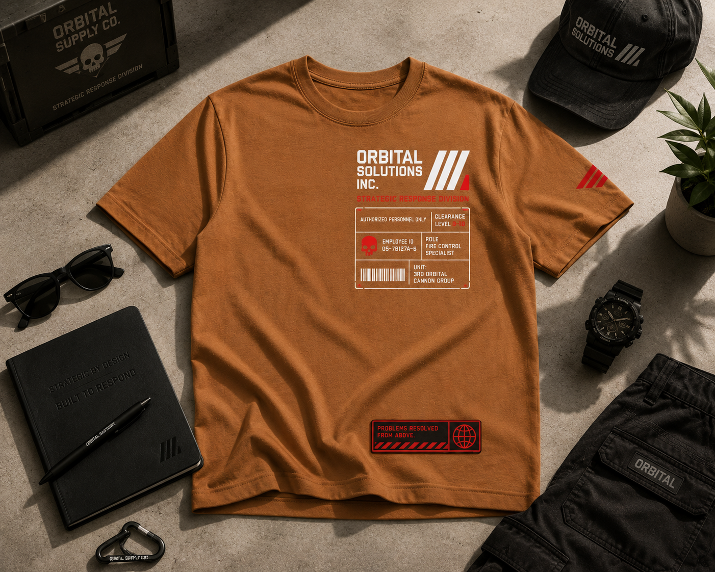 Tactical Streetwear Graphic Tee - Caramel Macchiato Brown